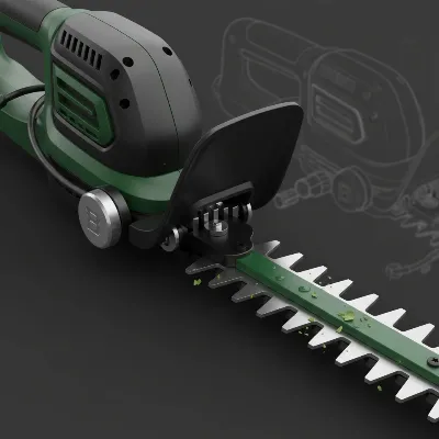 Close-up of a battery hedge trimmer highlighting a brushless motor and dual-action blades for quiet operation.