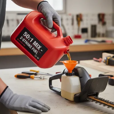 A person inspecting the fuel mixture and level in a gas-powered hedge trimmer's tank, with fuel cans nearby, illustrating fuel maintenance.
