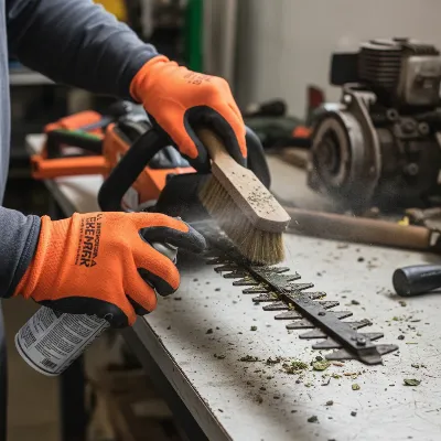 Person cleaning hedge trimmer blades with a brush and cleaner