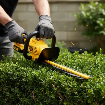 A person using the DeWalt 20V Max cordless hedge trimmer to trim a dense green hedge with precision