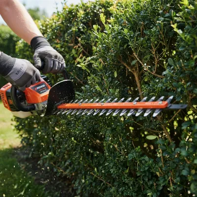 Echo HC-152 gas hedge trimmer cutting a dense green hedge with precision.