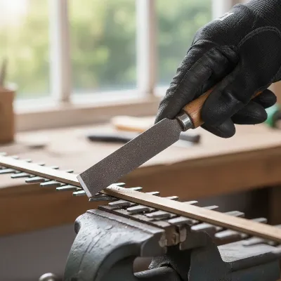Close-up of hand manually sharpening hedge trimmer blade with a flat file at the correct angle