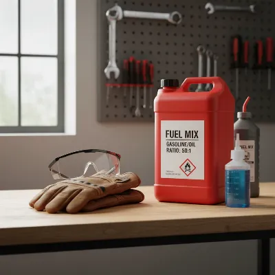 A neatly organized display of essential safety gear (gloves, safety glasses) laid out next to a properly labeled, red fuel container and a small oil measuring bottle on a workshop bench. Focus on organized safety and proper containers.
