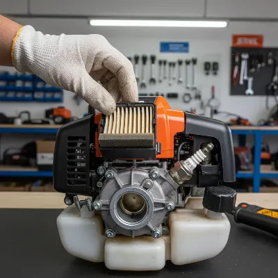 Detailed view of a gas hedge trimmer's engine, highlighting air filter and spark plug maintenance.