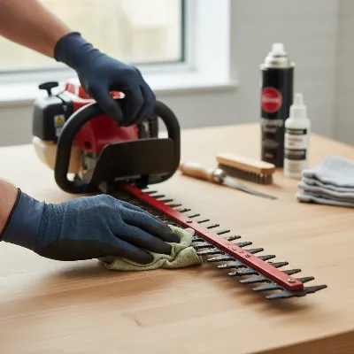 A person performing routine maintenance on a gas hedge trimmer, ensuring its longevity and performance.