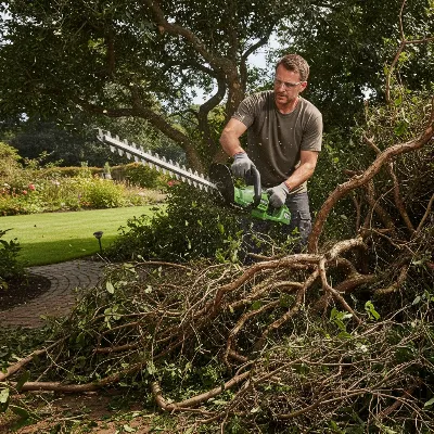 Greenworks Pro 60V Hedge Trimmer being used on a very overgrown, thick bush.