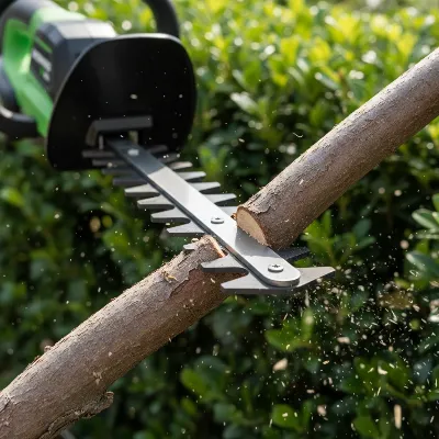 Greenworks Pro 80V Cordless Hedge Trimmer cutting a thick, woody branch from a hedge, showcasing its 1.1-inch cutting capacity.