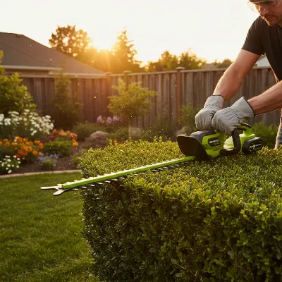 Greenworks Pro 80V Cordless Hedge Trimmer actively trimming a dense hedge in a residential garden.