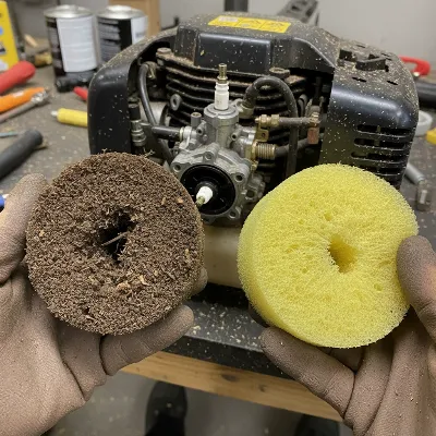 A person inspecting a dirty air filter from a gas hedge trimmer, contrasting it with a clean, new filter.