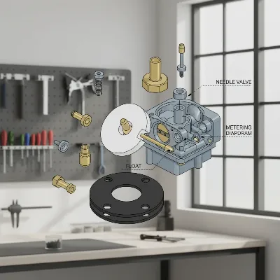 An exploded view of a gas hedge trimmer carburetor, showing its internal components like the needle valve, float, and diaphragm.