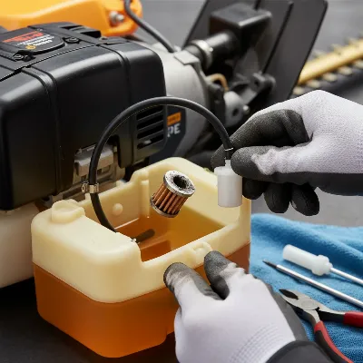 A person replacing a clogged fuel filter in a gas hedge trimmer fuel tank.
