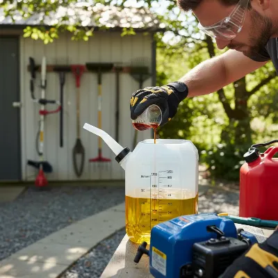 Person carefully mixing fuel and oil for a 2-stroke hedge trimmer, wearing gloves and eye protection in a well-ventilated outdoor area. Focus on precision measuring and a clean fuel container.