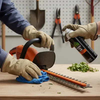 Close-up of hands cleaning and lubricating the blades of a hedge trimmer for optimal performance
