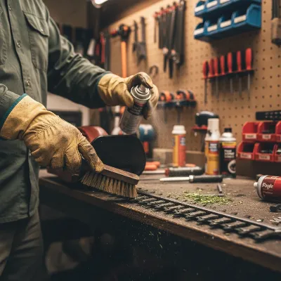 Close-up of a landscaper cleaning hedge trimmer blades after use, demonstrating proper maintenance, workshop background, realistic style
