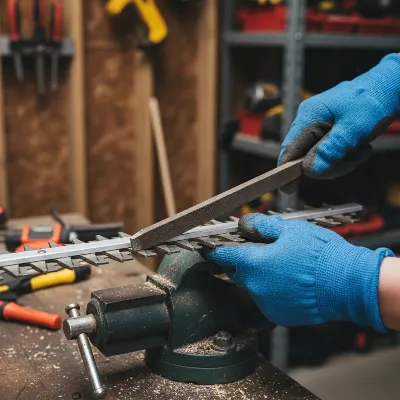 A close-up shot of a person carefully sharpening the blade of a hedge trimmer with a file, demonstrating proper maintenance for garden tools. The focus is on the blade and the hands, in a workshop setting with good lighting.