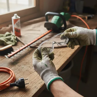 Gardener wearing safety glasses and gloves, preparing to clean hedge trimmer blades.
