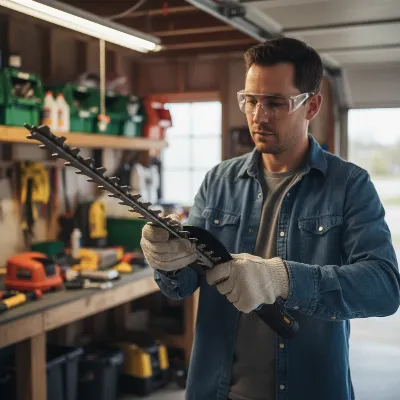 A person wearing safety gear while inspecting the blades of a hedge trimmer before use.