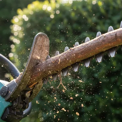 A hedge trimmer struggling to cut a thick branch, blades binding and motor straining.