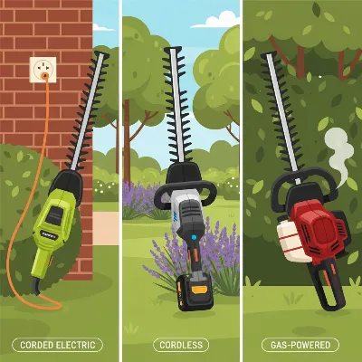 A vibrant illustration showcasing different types of hedge trimmers: a corded electric model, a cordless battery-powered model, and a gas-powered model, highlighting their distinct features and power sources.