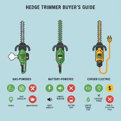 Illustration comparing gas, battery, and corded electric hedge trimmers side-by-side.