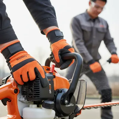 A person performing the steps to unflood a gas hedge trimmer, illustrating turning the choke off and pulling the starter rope.
