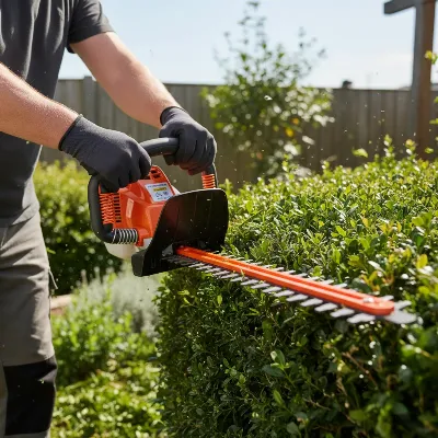 Husqvarna 122HD60 gas hedge trimmer in use, showing its adjustable handle and anti-vibration system for ergonomic operation