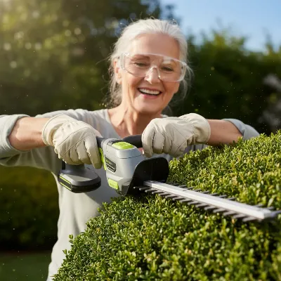 A senior woman happily trimming a hedge with a lightweight cordless hedge trimmer in a sunny garden