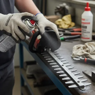 Person applying lubricant to hedge trimmer blades after cleaning for protection.
