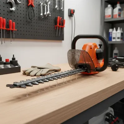 A well-maintained and clean hedge trimmer with shiny, lubricated blades, ready for use, emphasizing proper care.