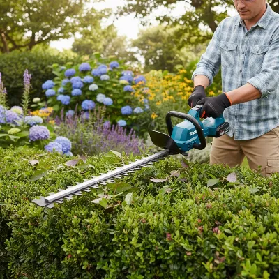 Makita 18V LXT brushless hedge trimmer being used in a garden setting