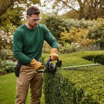 A person wearing safety gear uses a modern battery-powered hedge trimmer to trim a dense green hedge in a well-maintained garden, showcasing ergonomic design and efficient operation.