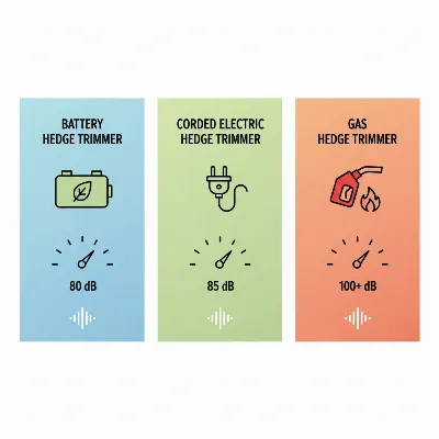 Infographic comparing the noise levels of battery, electric, and gas hedge trimmers in decibels.