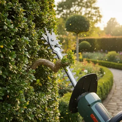 A powerful hedge trimmer effortlessly cutting through thick, woody branches of a large hedge.