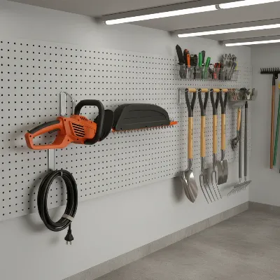 A well-maintained hedge trimmer stored safely in a garage