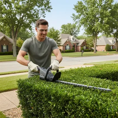 A person calmly trims hedges in a serene suburban neighborhood using a quiet battery hedge trimmer.