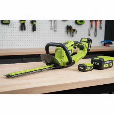 Ryobi 40V hedge trimmer with different battery sizes illustrating weight and balance.
