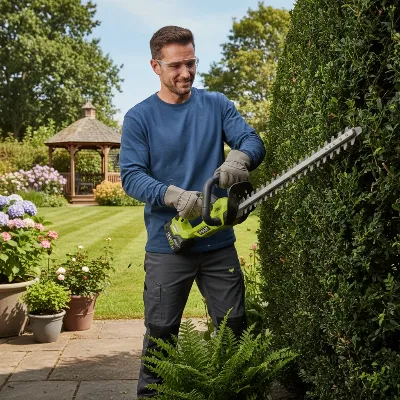 A person expertly trimming a dense green hedge with a Ryobi 40V Cordless Hedge Trimmer in a sunny garden.