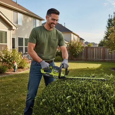 RYOBI 40-Volt 24-inch Hedge Trimmer being used for general yard maintenance.