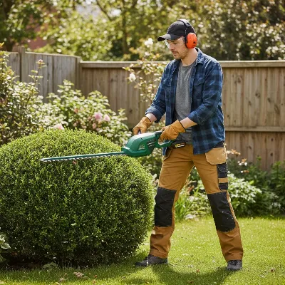 A person safely operating a hedge trimmer, wearing full protective gear in a well-maintained garden.