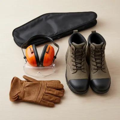 Essential safety gear for operating a hedge trimmer, laid out