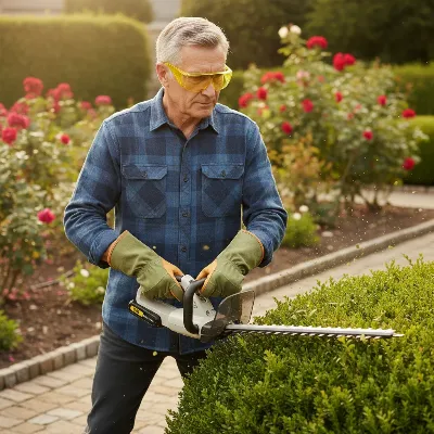 A senior man in protective gear demonstrating safe use of a lightweight hedge trimmer in his garden