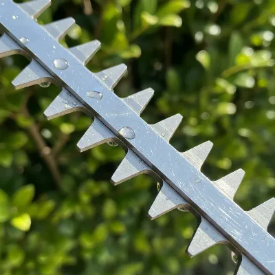 A close-up of sharpened hedge trimmer blades ready for use, sparkling clean and well-lubricated.