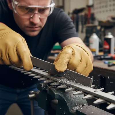A person wearing protective gloves and glasses, carefully sharpening the blades of a hedge trimmer with a flat file, demonstrating proper technique.