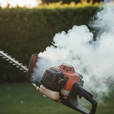 A smoking hedge trimmer with dense white smoke emanating from the engine area, surrounded by green foliage, conveying an urgent problem.