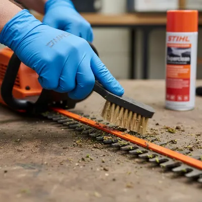 Close-up of a person cleaning the blades of a Stihl HS 45 hedge trimmer after use, with a brush and lubricant spray, demonstrating maintenance, realistic style.