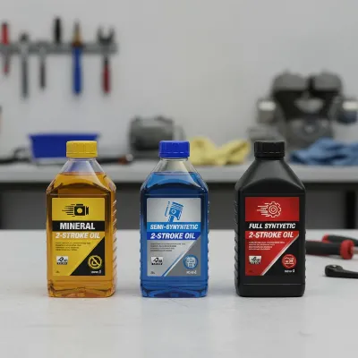 Various bottles of 2-stroke engine oil with different labels (mineral, semi-synthetic, synthetic) arranged neatly, emphasizing clarity of product choice. The background is a clean workbench.