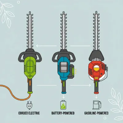 Illustration of different types of hedge trimmers: electric, battery, and gas