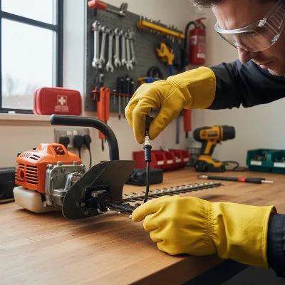 Technician wearing safety glasses and gloves working on a gas hedge trimmer, emphasizing safety